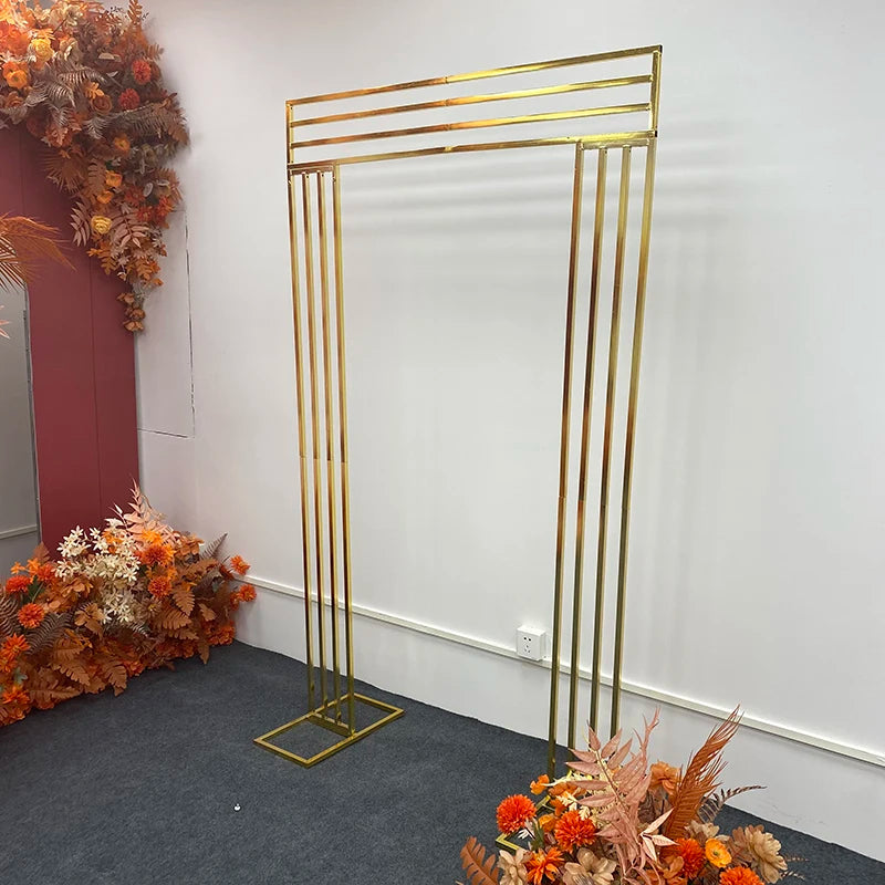 Shiny Gold-Plated Square Screen Backdrop Shelf, Wedding Arch, Geometric Flower, Door Stand, Artificial Flor, 2.2m, 3Pcs