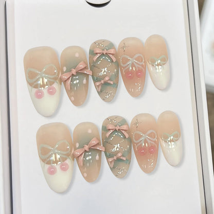 Gentle Nude Handmade Press On Nails With 3D Bowknot Decor Reusable Adhesive False Nails 10pcs Short Long Almond Shape Fake Nails