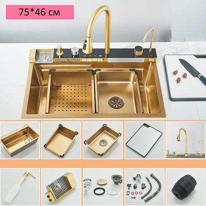 304 Stainless Steel Waterfall Kitchen Sink Large Single Slot Integrated Digital Display Faucet Set Soap Dispenser Cup Washer