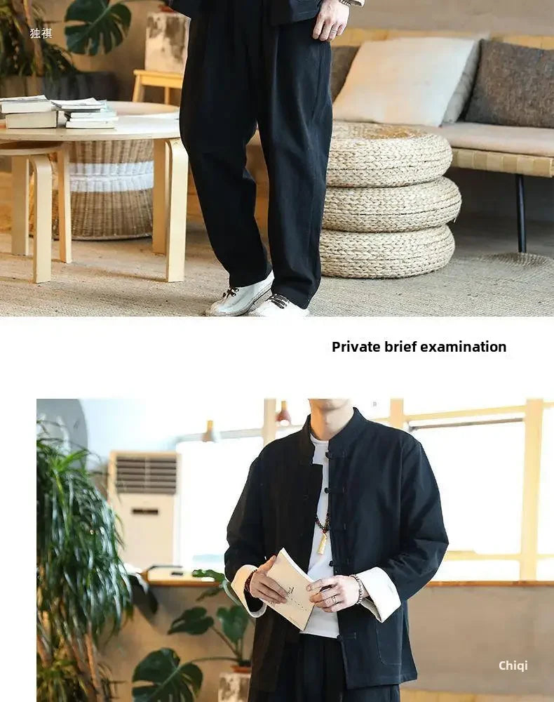 Traditional Chinese Men's Tang Suit Cotton Linen Ancient Costume Tea Servant Zen Meditation Clothing Middle Mountain Hanfu
