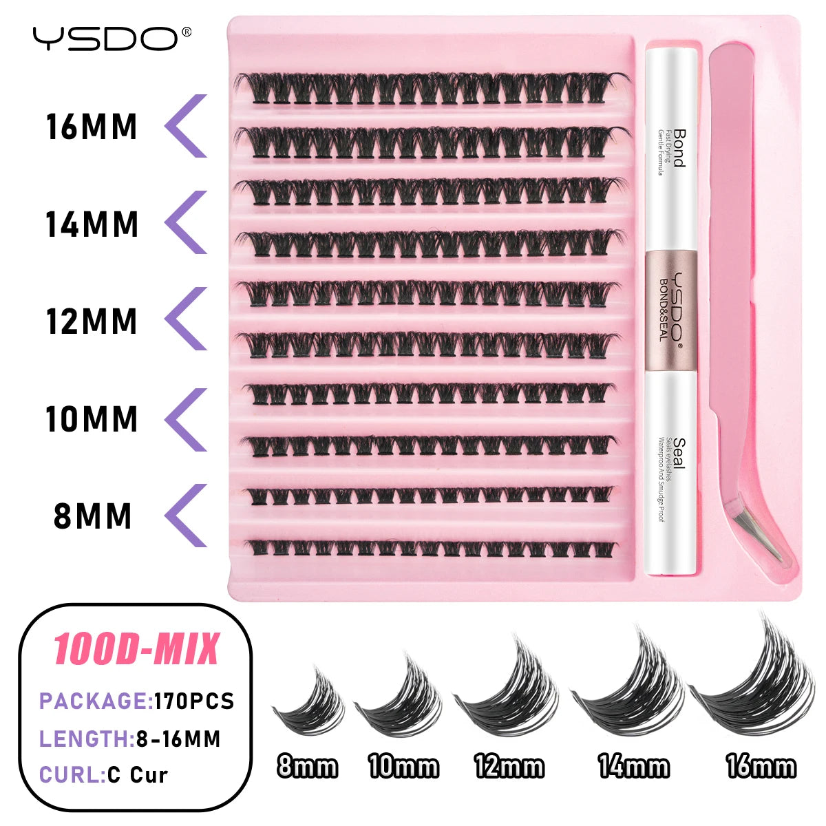 DIY Lash Extension Kit Lash Individual Lashes Clusters8-16mm With Waterproof Lash Bond And Seal Eyelash Tweezers Lash Kit