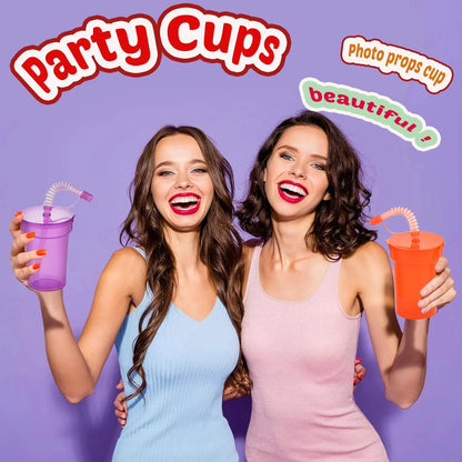 8/16/24pcs Neon Sipper Cups, Spill-Proof Cups with Lids and Straws - Ideal for School Events, Themed Parties, and Birthday Party