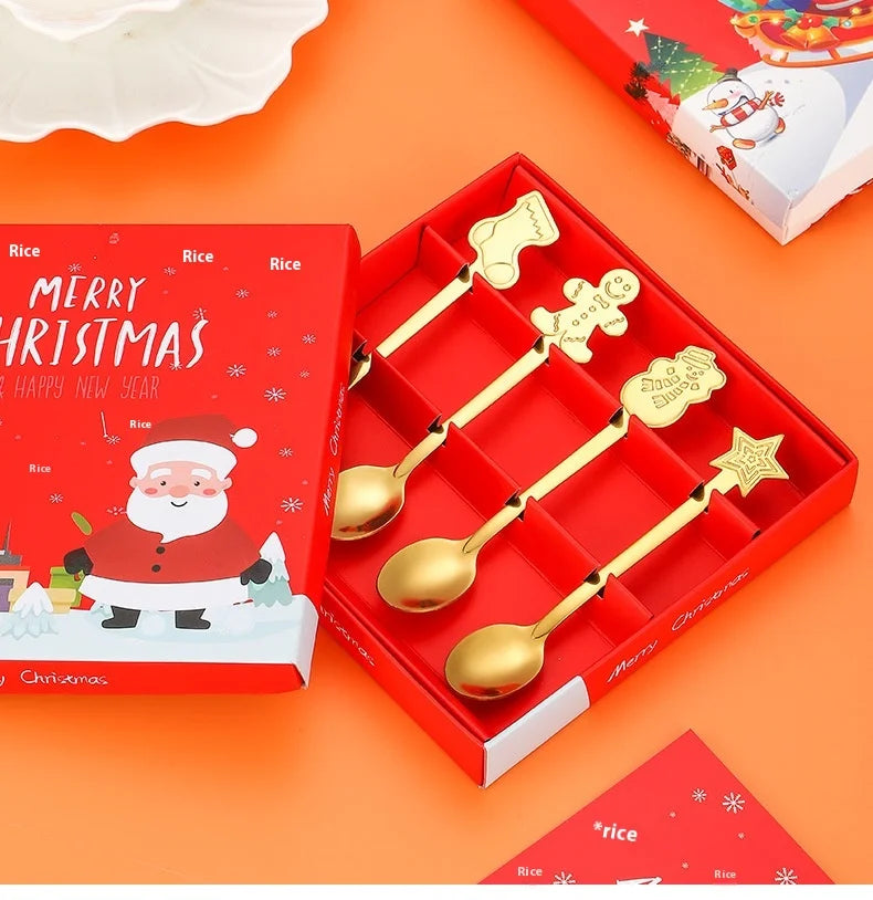 Christmas Cutlery 4Pcs Gift Set Creative Coffee Spoon Dessert Spoon Mixing Spoon Christmas Spoon Gift Box