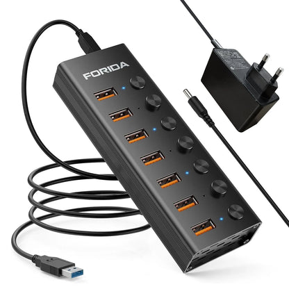 FORIDA USB C Hub 3.2 10Gbps 4/7 Port Aluminium Alloy Docking Stations Splitter LED Switches Adapter for MacBook Laptop Phone