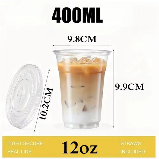 Disposable 400ml Plastic Cups with Lids Clear PET Snack and Drink Cups for Boba Milk Tea and Cold Beverages