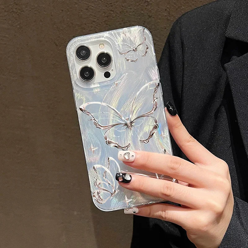 Luxury Laser Silver Butterfly Phone Case for iPhone 15 Pro Max 14 13 12 11 XS XR X 7 8 Plus SE 2020 2022 SE2 SE3 Silicone Cover