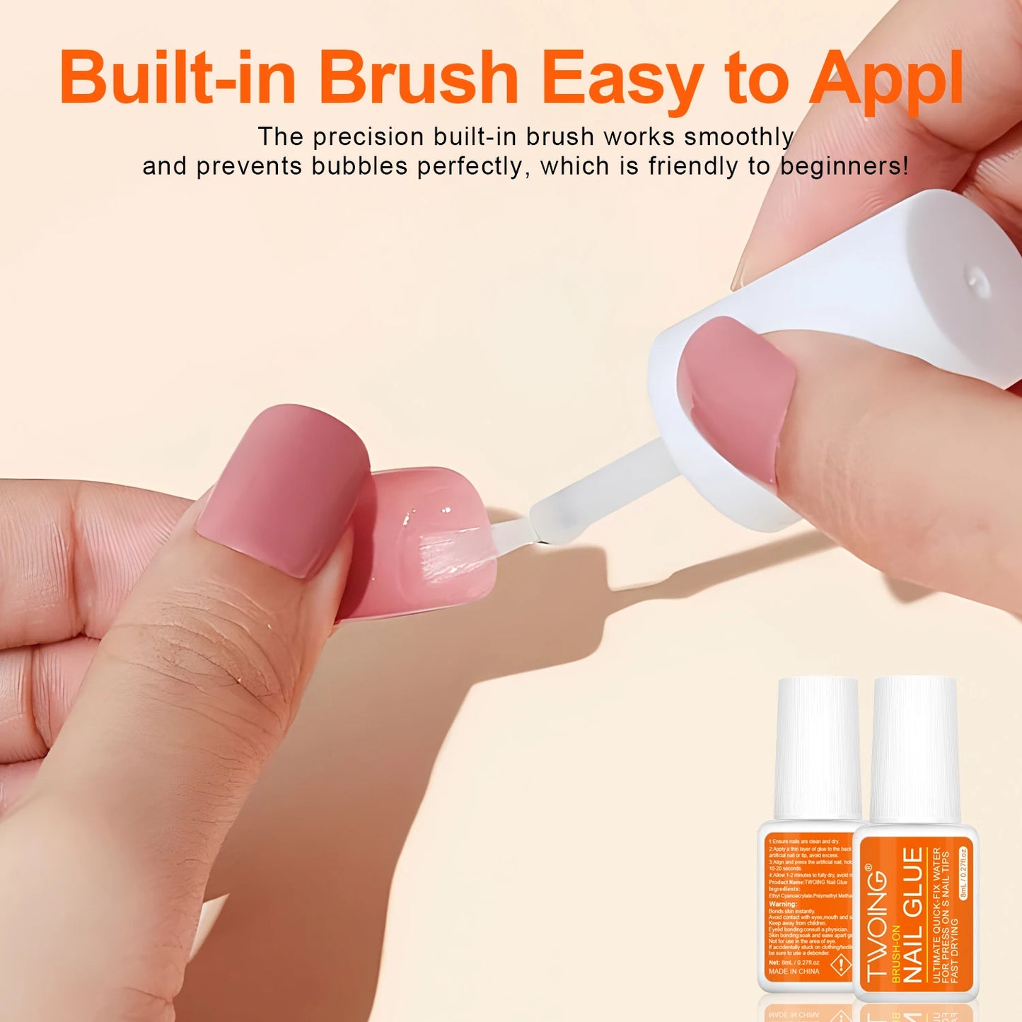 Twoing Waterproof Liquid Nail Adhesive,Long-Lasting & Fast-Drying, Formaldehyde-Free, Compatible with Acrylic Nails Fake Nails