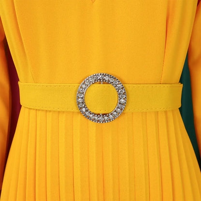 Office Dresses for Women V Neck Full Sleeve Belt Waisted Pleated Mid Calf Elegant Female Business Work Wear Dress Midi Cloth New