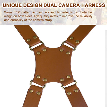 Dual Camera Strap Double Camera Harness Adjustable Leather Camera Straps Universal Camera Carrying Strap for Photographers