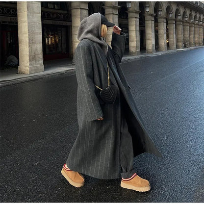 Retro Striped Lapel Woolen Long Coat Women Casual Loose Dark Grey Oversize Coats Female Winter Elegant Chic Outwear