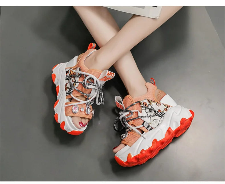 Comemore Leisure Lady Platform Chunky Sandals Mixed Color Shoes Sports Wedge White Sandals Women High Heel Beach Casual Shoes 39