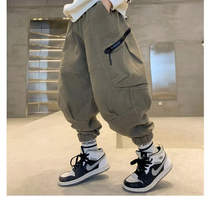Boys Spring Autumn Children's Clothing Cargo Pants Children's Casual Large Size Sweatpants Boys Fashion Fake Zippers Cargo Pants