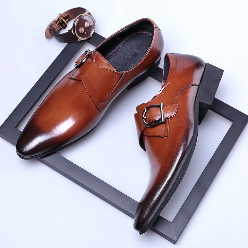 Men's Pointed Toe Business Leather Shoes Comfortable Wear Shoes Metal Buckle Men's Shoes Dress Shoes Men Wedding Shoes Sz 39-48