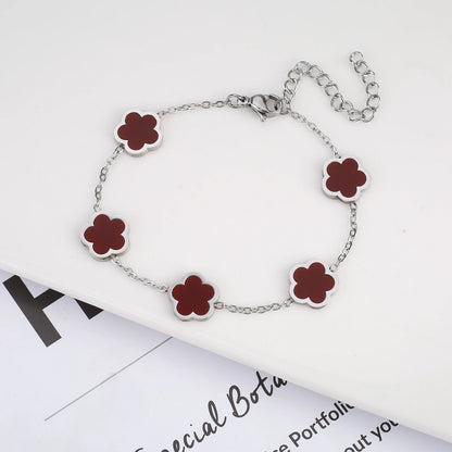 Silver Color New Design Plant Five Leaf Flower Bracelet Single sided Plum Blossom Stainless Steel Jewelry Women's Clover