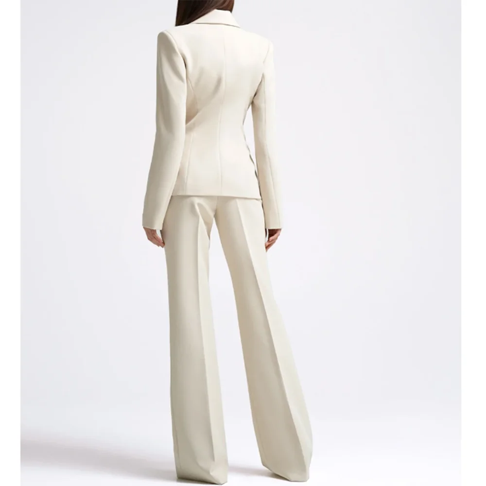 Office Lady Fashion Beige Women Suits One Button Peak Lapel 2 Piece Jacket Pants Slim Fit Smart Causal Conjuntos De Pantalones