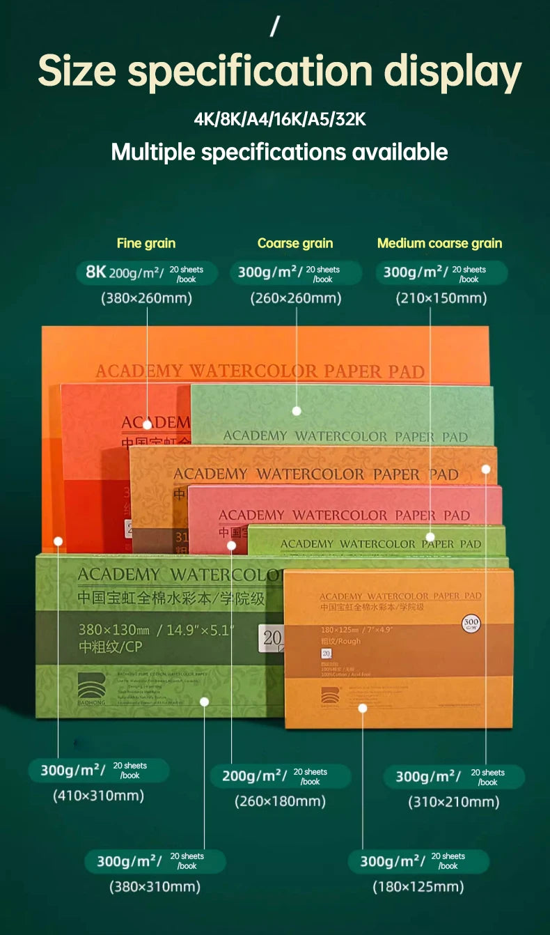 Baohong Academy Watercolor Book 100% Cotton Sketchbook 300g Drawing Paper 32K 16K 8K papel Para Acuarela Painting Art Supplies