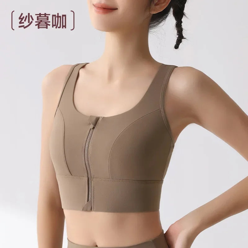 Sports bra for women, shock-absorbing high-strength running, zipper yoga suit, vest, bra, fitness fixed cup, summer