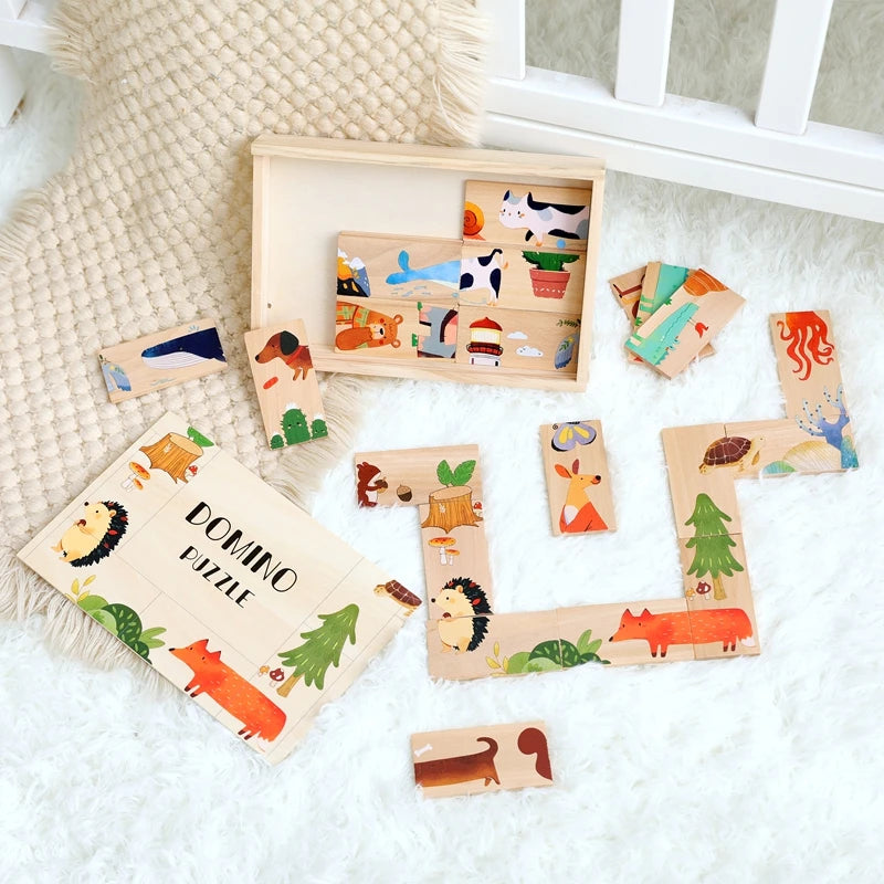 The Baby Montessori Domino Puzzle Toy Features Cartoon Patterned Dominoes With Smooth Edges That Are Super Fun For Babies