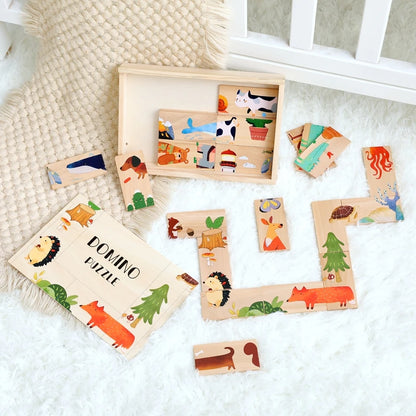 The Baby Montessori Domino Puzzle Toy Features Cartoon Patterned Dominoes With Smooth Edges That Are Super Fun For Babies