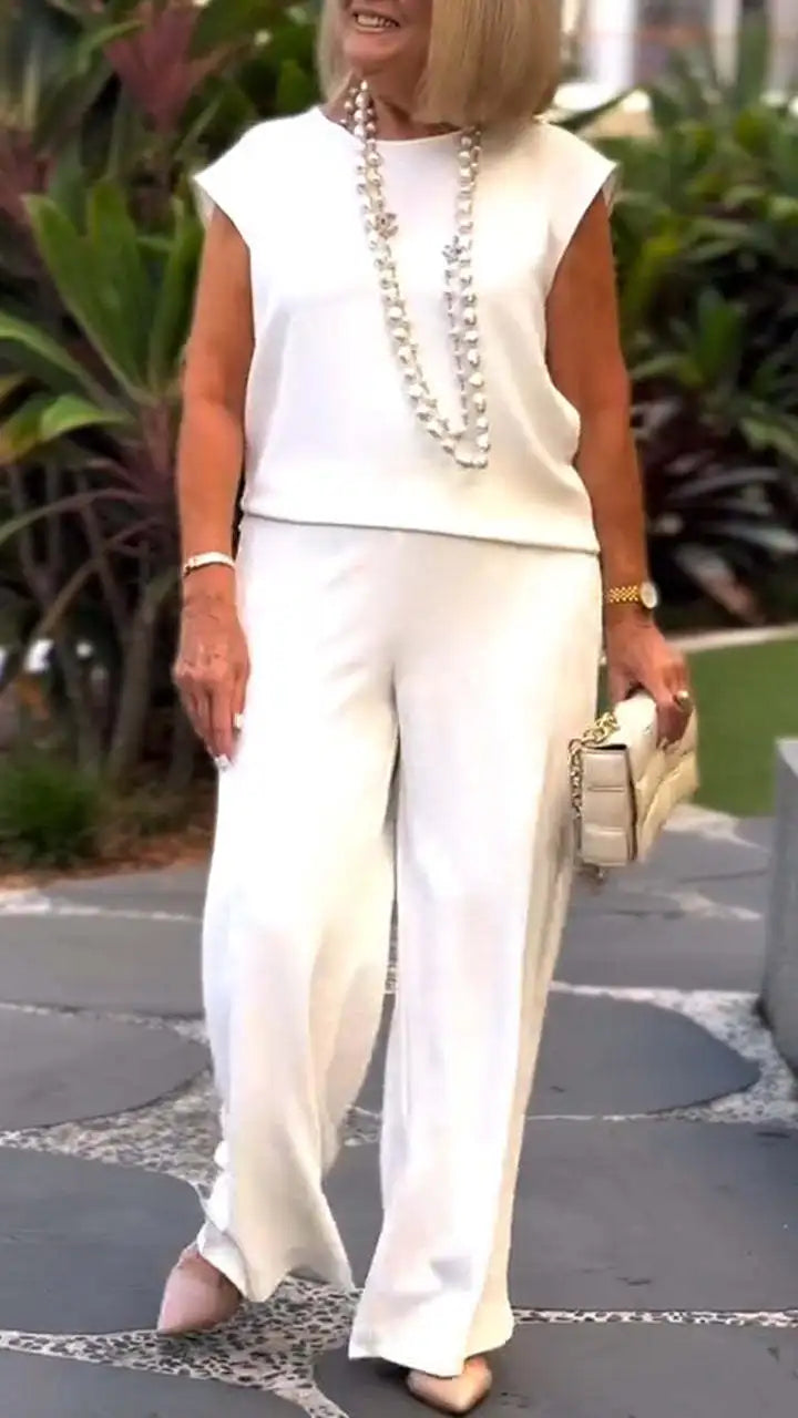 Elegant Women 2-piece Office Set 2025 Group Of Pant Outfit Ladies Temperament Sleeveless O-Neck Blouse Tops&Wide Leg Pants Suit