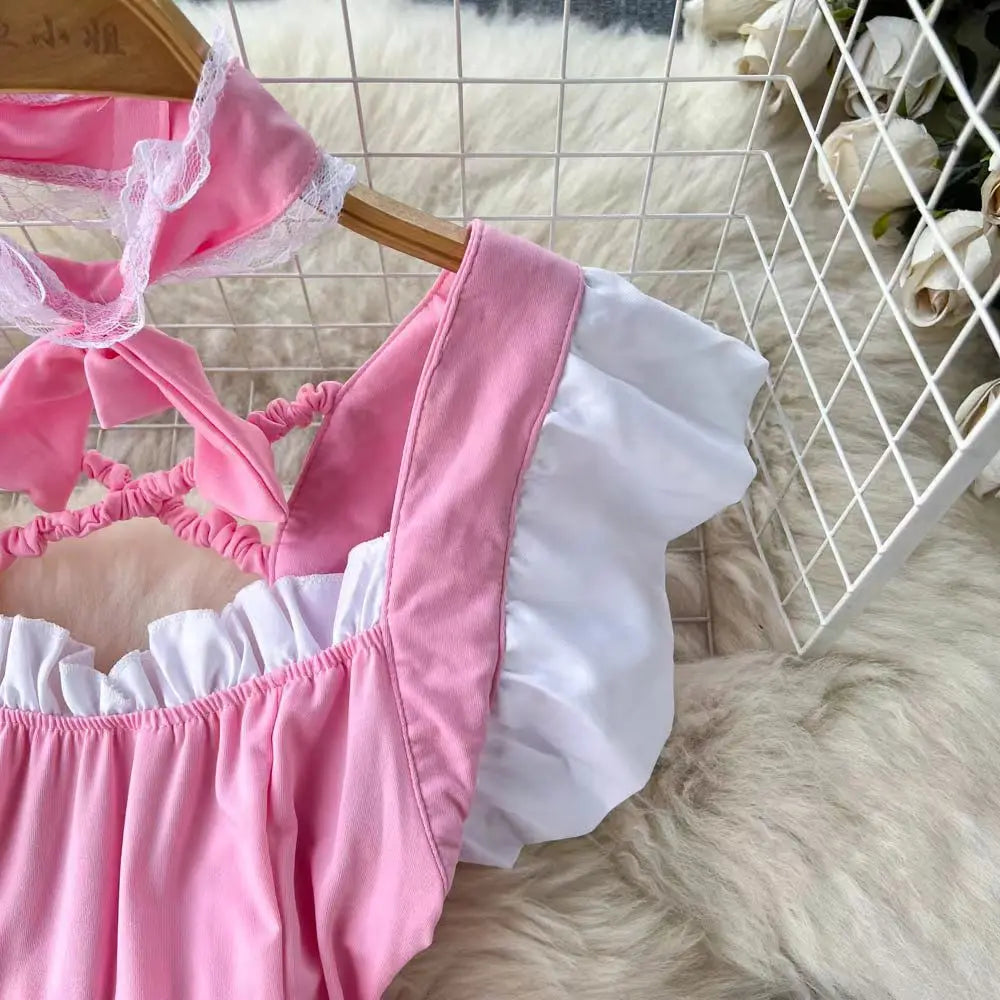 Pink Sweet Women LolitaMini Dress Y2k Servant Low Cut Lace Patchwork Mini Dress Birthday Cocktail Role Play Maid Short Dresses