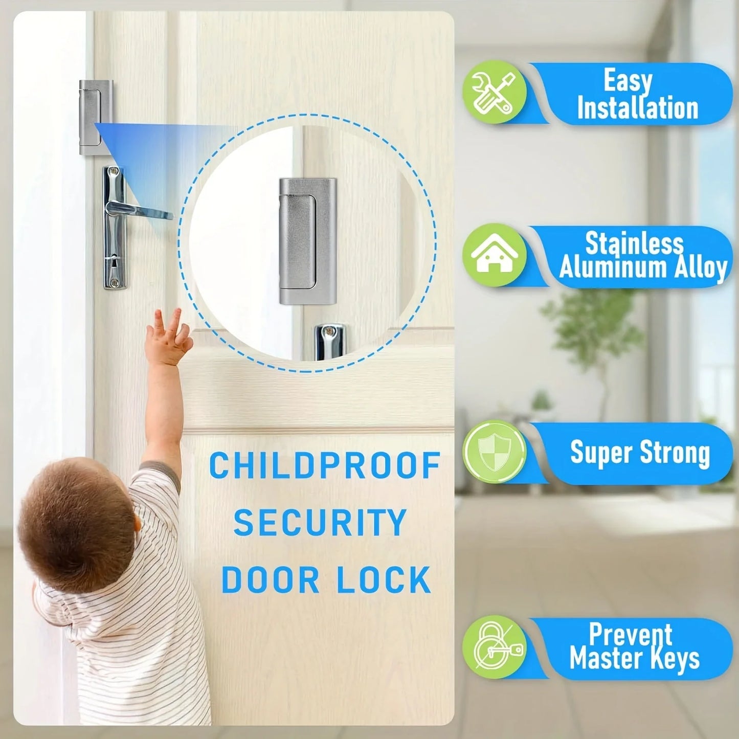 Door Reinforcement Lock Home Security Door Lock with 3" Stop Withstand 800 lbs For Inward Swinging Safety Door Lock