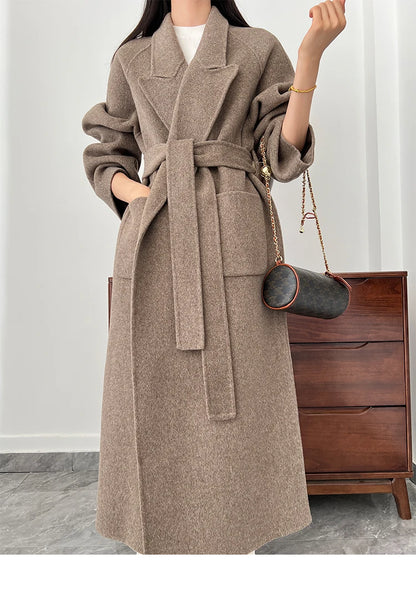 Office Lady Woolen Jackets 2024 Autumn And Winter Bathrobe Style Pocket Double-Sided Loose Lace -Up Tie Women's Long Wool Coats