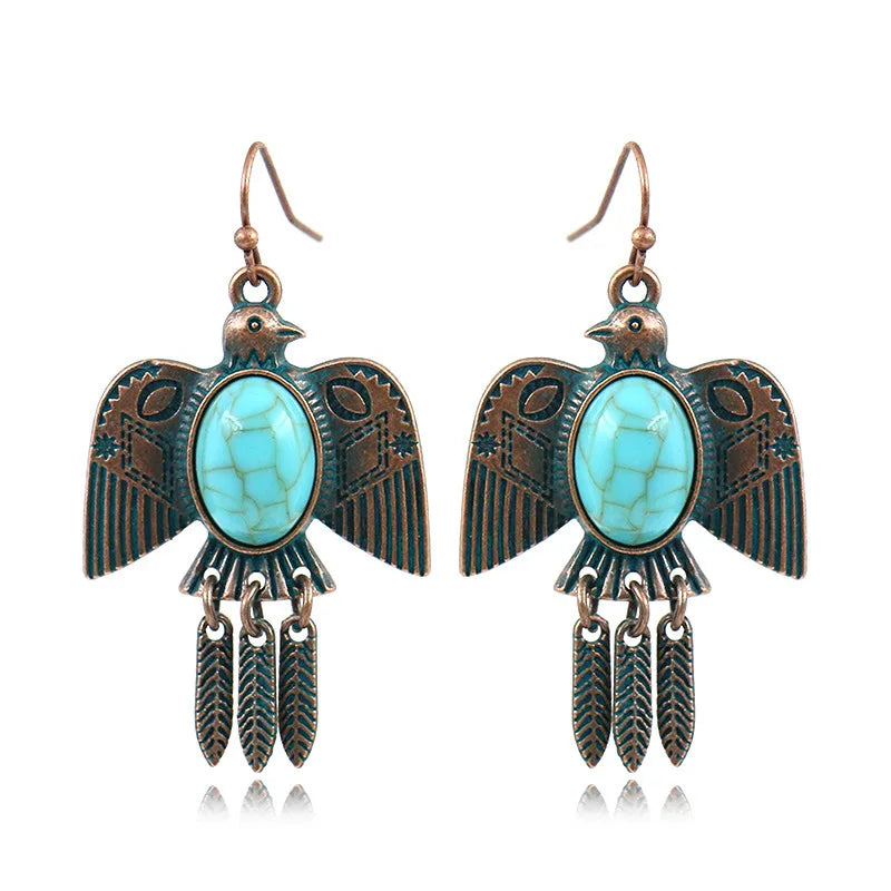 Ethnic Women's Pigeon Bohemian Earrings Vintage Bronze Gypsy Turquoises Jhumka Earrings Oorbellen