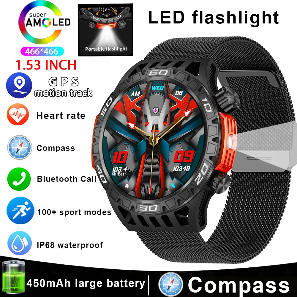 Smart Watch Men With LED Lighting Compass Sports Fitness Tracker Watch IP68 Waterproof Bluetooth Talk SmartWatch For Android IOS
