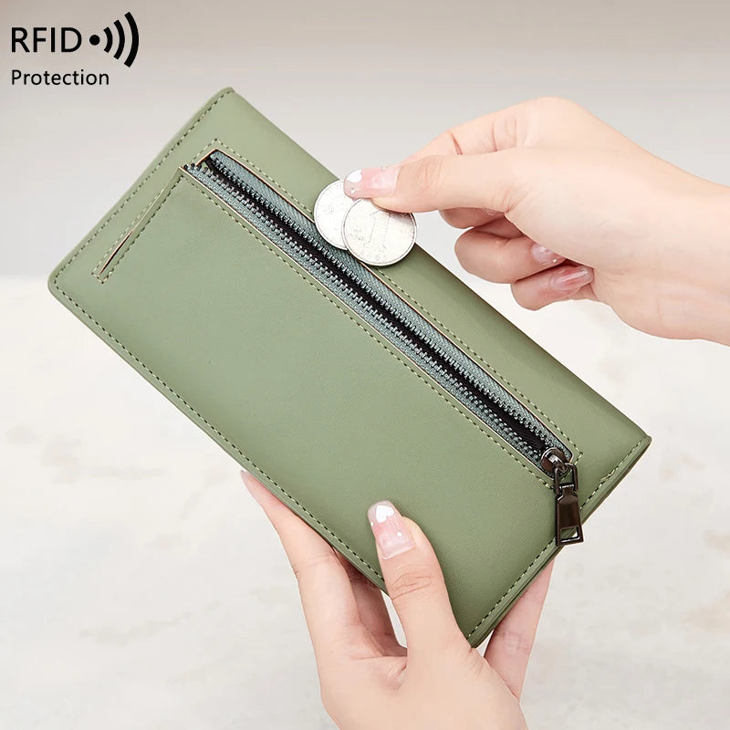 RFID Blocking Ultra-Thin Wallet for Women, Multi-Card Check Credit Card Bag, Multi-functional Zipper Buckle, Long Fashion wallet