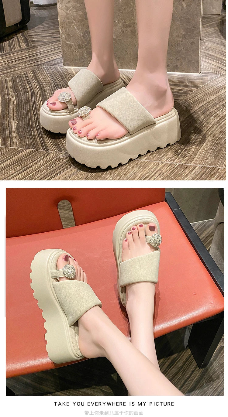 7cm Shiny Rhinestone High Platform Slippers Women Butterfiy-Knot Heels Chunky Sandals Woman Summer Thick Bottom Wedges Slides