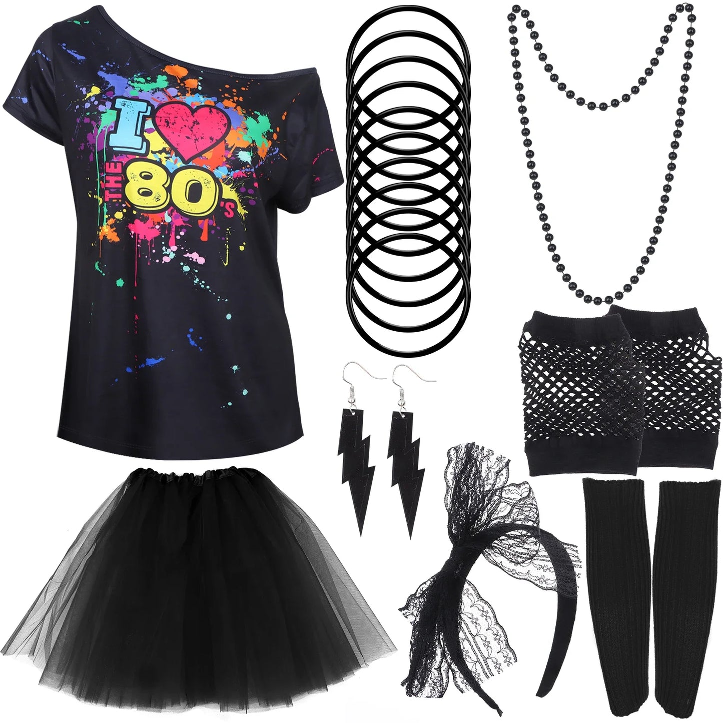 80s Fancy Dress Accessories Women Party Costume Set Adult Tutu Skirt Neon Fishnet Gloves Beaded Necklace Bracelet Earrings
