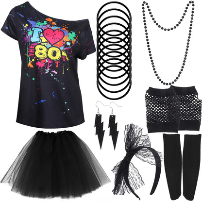 80s Fancy Dress Accessories Women Party Costume Set Adult Tutu Skirt Neon Fishnet Gloves Beaded Necklace Bracelet Earrings