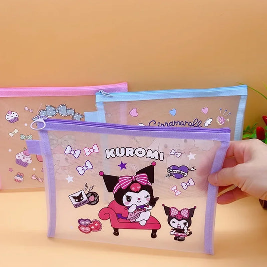 Sanrio Mesh Pen Bag Kuromi Cinnamoroll Cartoon Student Waterproof Storage Bag Translucent Matte Student Supplies