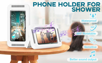 Shower Phone Holder with Speaker  480 Rotation, Wall Phone Mount for Shower Waterproof Anti Fog Shower Case for 4-7" Phones