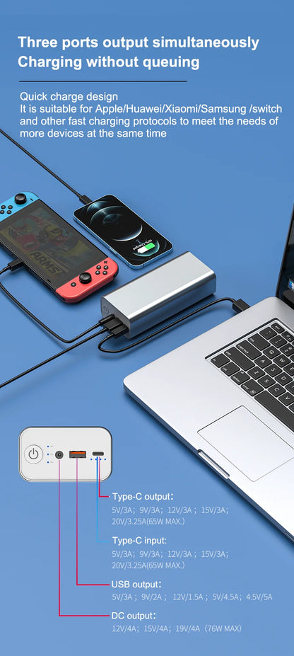 Powerful Mini 12V DC Output 65W Powerbank PD Charger 30000mAh Fast Charging Emergency Laptop Portable Power Banks Power Station