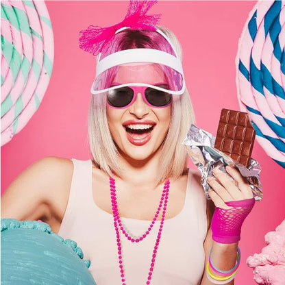 80s Fancy Dress Accessories Women Party Costume Set Adult Tutu Skirt Neon Fishnet Gloves Beaded Necklace Bracelet Earrings