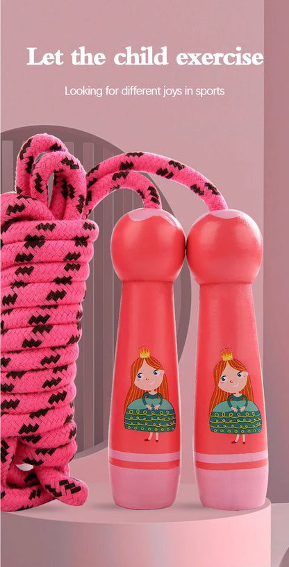 Children's Sports Adjustable Cotton Rope  Ropes Sport Fitness Lovely Cartoon Skipping Natural Wooden Handle Fillet Design