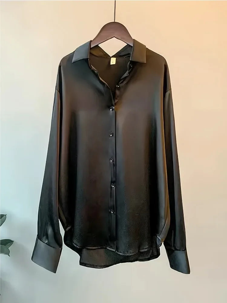 Fashion Casual Office Lady Silk Blouses Autumn Long Sleeve Button Up Shirt Women Elegant Winter Tops  Office Lady Acetate Blouse