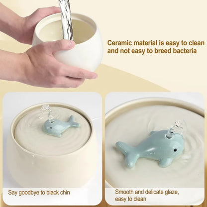 1.3L Ceramic Cat Fountains for Drinking, Anti-burn Cat Water bowl with 1 wooden mat USB Automatic Water Dispenser for Cats