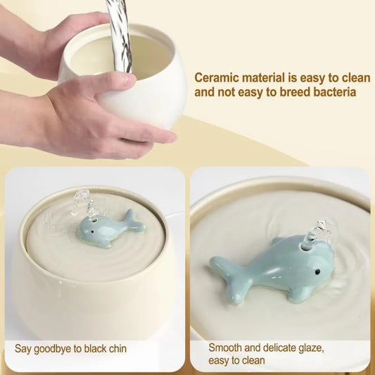 1.3L Ceramic Cat Fountains for Drinking, Anti-burn Cat Water bowl with 1 wooden mat USB Automatic Water Dispenser for Cats