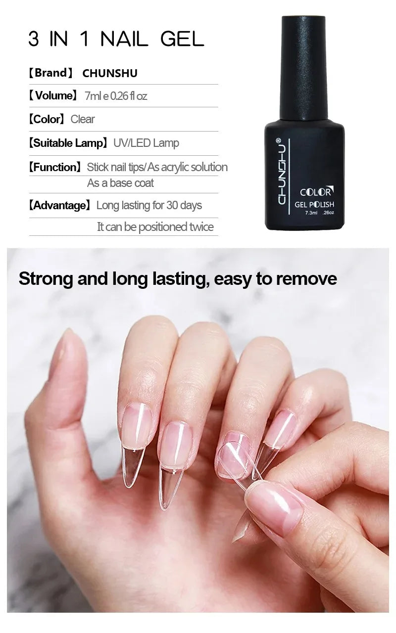 3 IN1 Nail Glue Gel Fast Extension Acrylic False Tips Sticking Decoration Press on Nails Art Tools Functional Gel French DIY 7ml