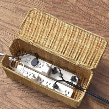 Handwoven Cable Management Box with Lid Hide Power Strip and Router Imitation Rattan Box 2 Open Slots Cord Organizer Hider Box