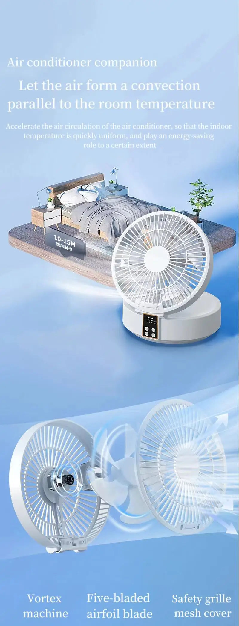 Fan With Remote Control Portable Wall-Hanging Rechargeable Usb Electric Folding Fan Nightlight Air Cooler Household