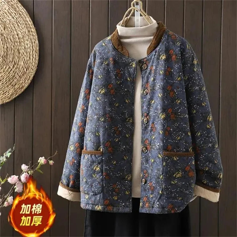 Women Retro Floral Plate Buckle Cotton Jacket Thickened Warm Cotton Clothing Cotton Linen Printed Autumn Winter Cotton Jacket