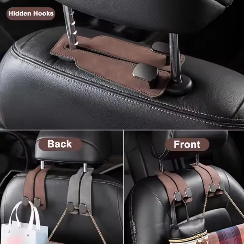 Universal Metal Car Seat Headrest Hook 2 in 1 Soft Leather Car Seat Back Hook for Purse Bag Backpack Double Hook Car Seat Hanger