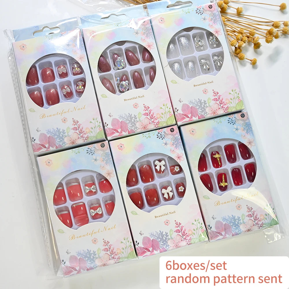 144pcs=6boxes Randomly Press On Nails Short Square Medium Almond Nail Kits 3D Rhinestone Flower Bowtie Reusable Press On Nails
