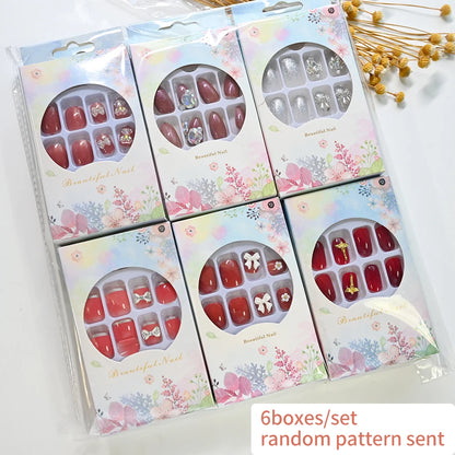 144pcs=6boxes Randomly Press On Nails Short Square Medium Almond Nail Kits 3D Rhinestone Flower Bowtie Reusable Press On Nails
