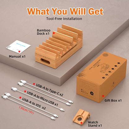 Bamboo Charging Station for Multiple Devices Desktop Docking Stations Holder for Cell Phone Tablet SmartWatch Earbuds Stand