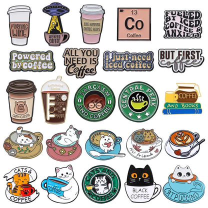 Creative Coffee Enamel Brooch Spaceship Coffee Elements Need By Coffee Power Books Cat Coffee Cups Metal Badge Lapel Pin Jewelry